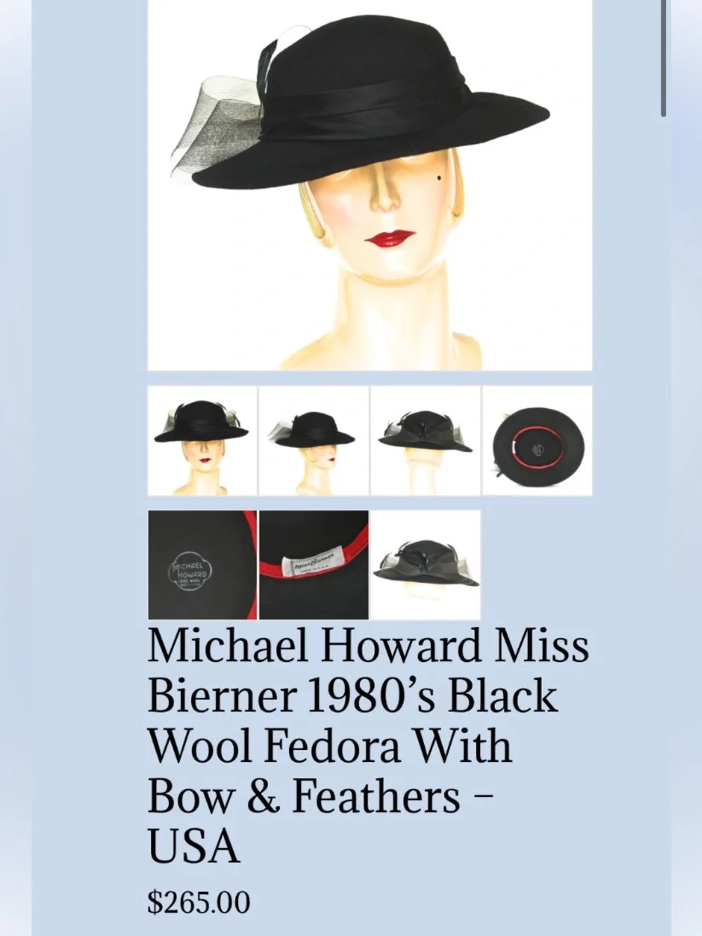 Vintage Miss Bierner Black Wide-Brim Dress Hat with Floral & Feather Accent